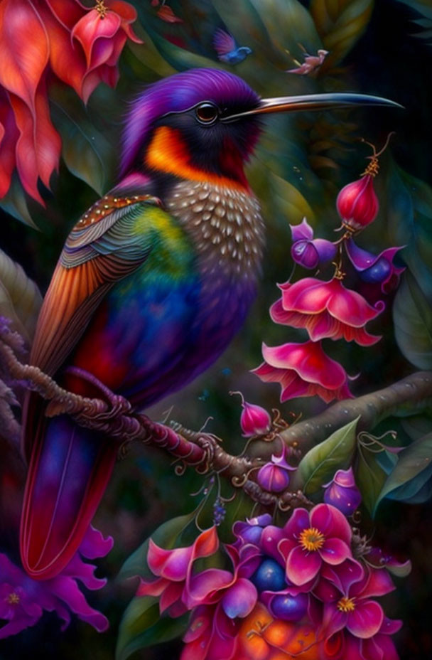 Colorful Hummingbird Painting with Vibrant Flowers and Foliage