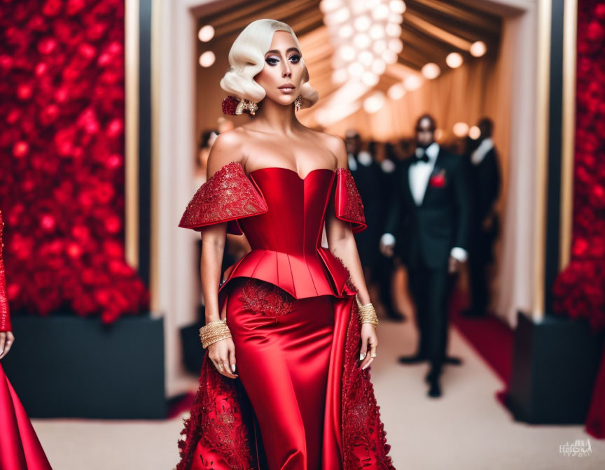 Elegant woman in red peplum gown with gold accessories