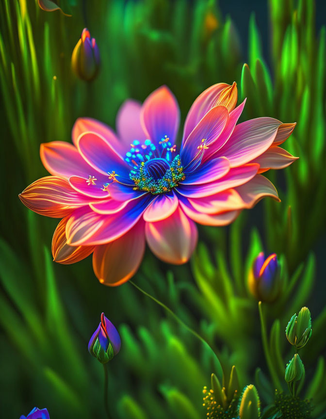 Vibrant Pink and Orange Flower with Green Buds and Foliage