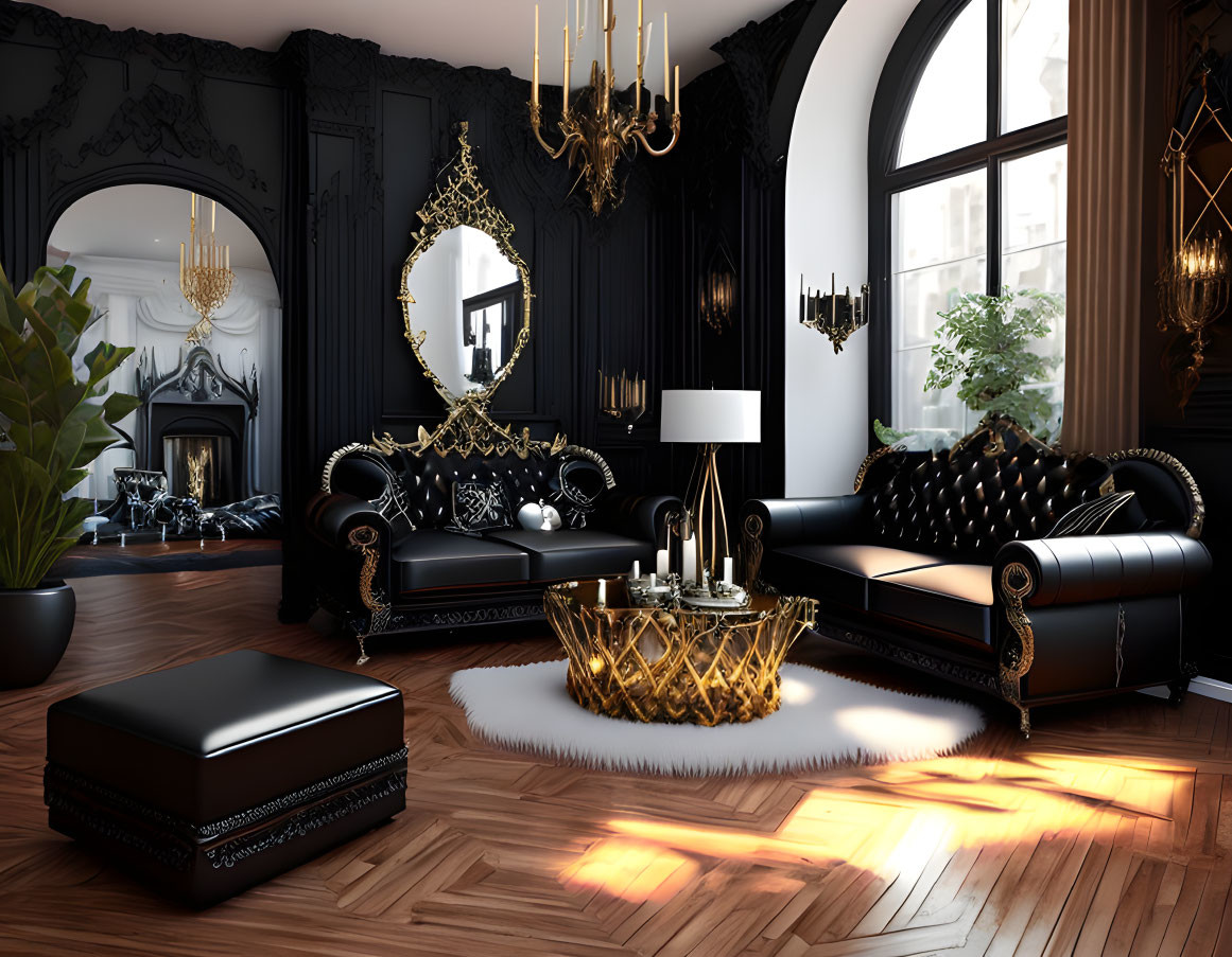 Luxurious Dark-themed Living Room with Black Leather Sofas