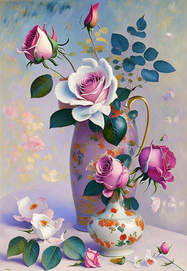 Detailed Still Life Painting of Patterned Vase with Roses