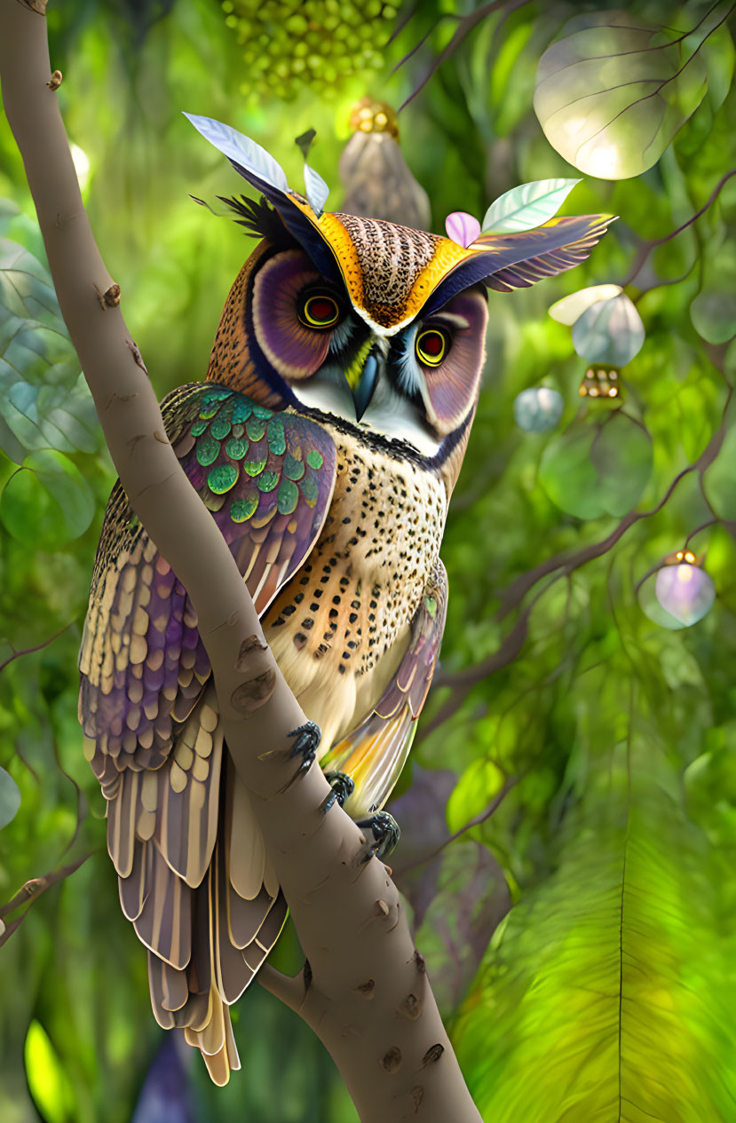 Colorful Owl Illustration Perched on Branch with Greenery