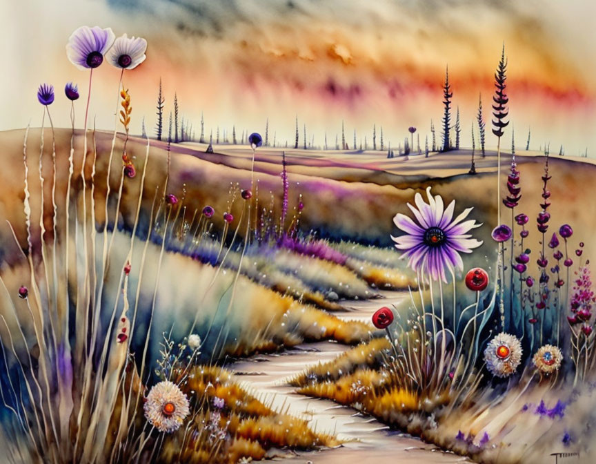 Vibrant flower field painting with meandering path under warm sky