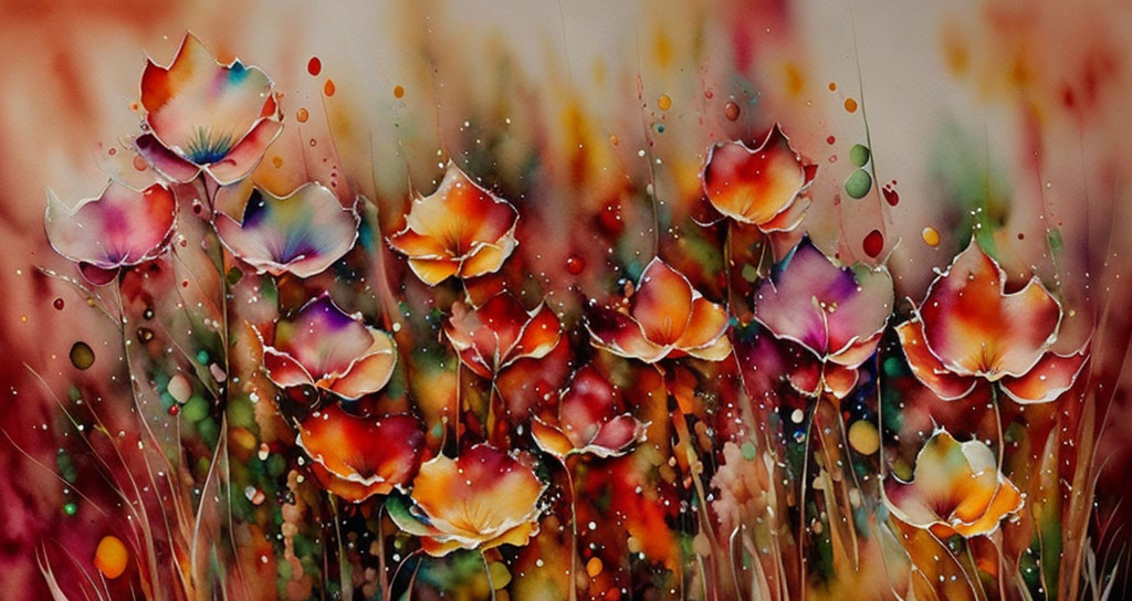 Colorful Watercolor Painting of Multicolored Flowers in Abstract Garden Scene