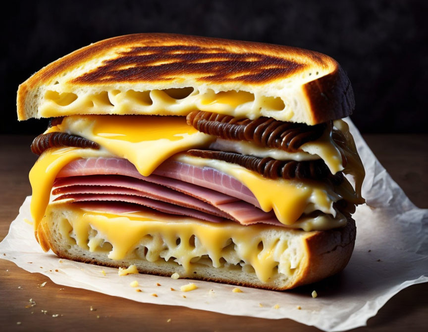 Multi-layered grilled cheese sandwich with ham and chocolate cookies on wooden background.