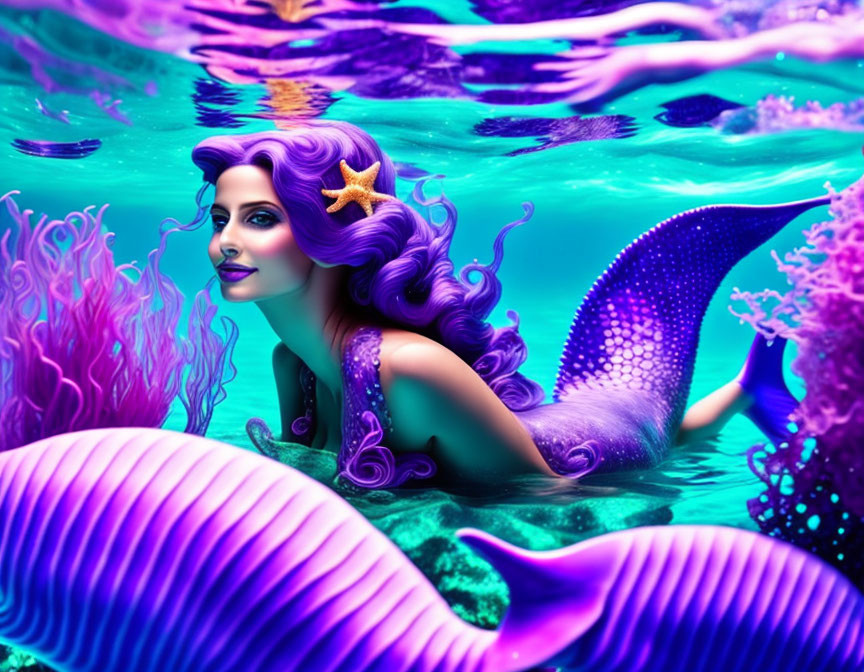 Vibrant mermaid illustration with purple hair and tail among coral and sea creatures