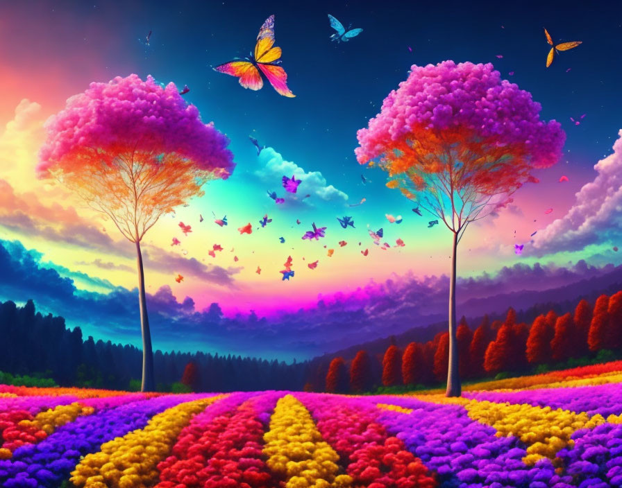 Colorful Landscape with Trees, Butterflies, and Flower Field at Sunset