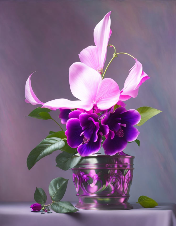 Pink Flowers in Metallic Container on Purple Background