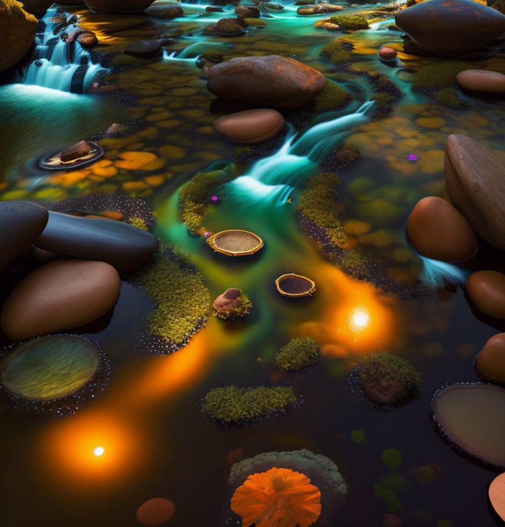 Colorful Mosses and Smooth Stones in Vibrant Stream