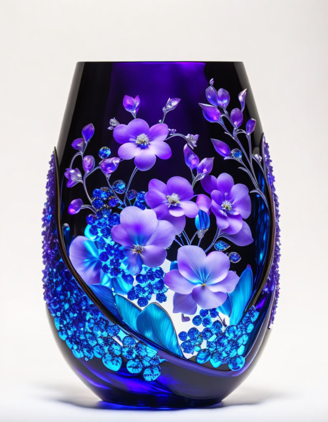 Deep Purple Decorative Vase with Glowing Blue Floral Designs