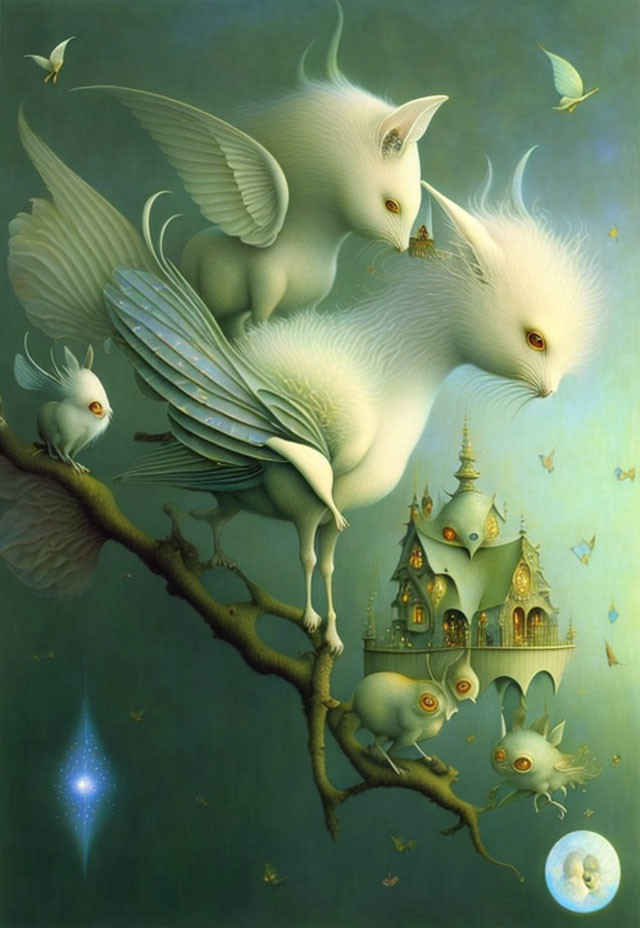 Ethereal white creatures with avian and feline features perched above castle under moonlit sky