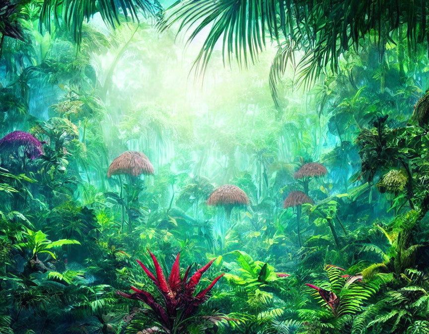 Vibrant foliage and large mushrooms in misty forest