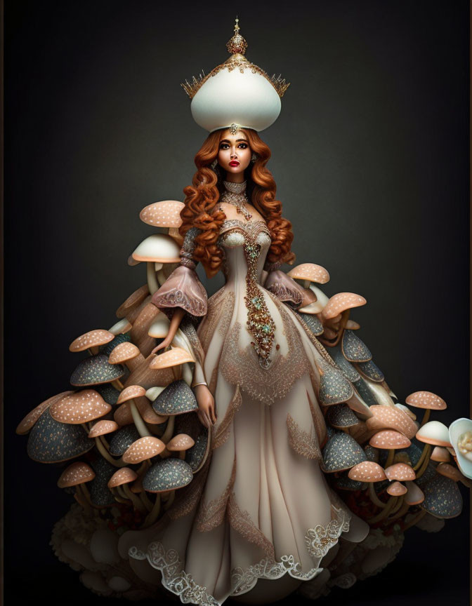 Woman in Mushroom-themed Gown and Headpiece