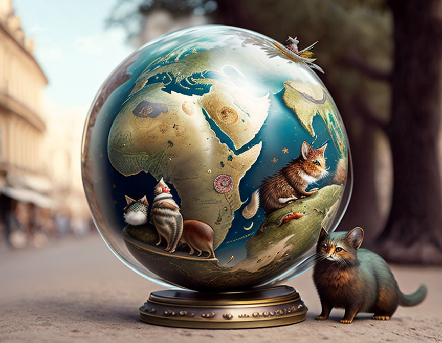 Fantastical oversized globe with animals, observed by cat on road