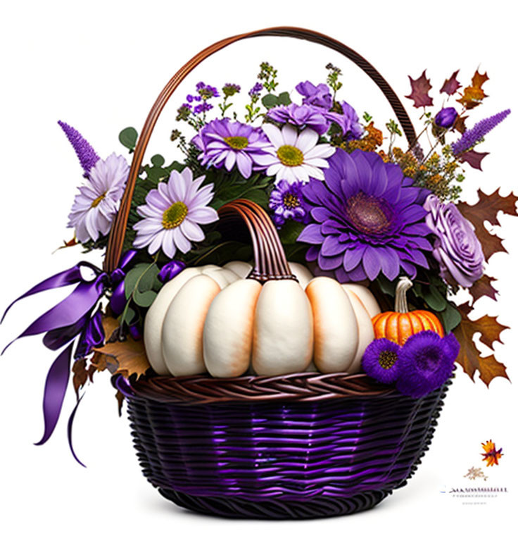 Purple and White Flower Basket with Pumpkins and Ribbon