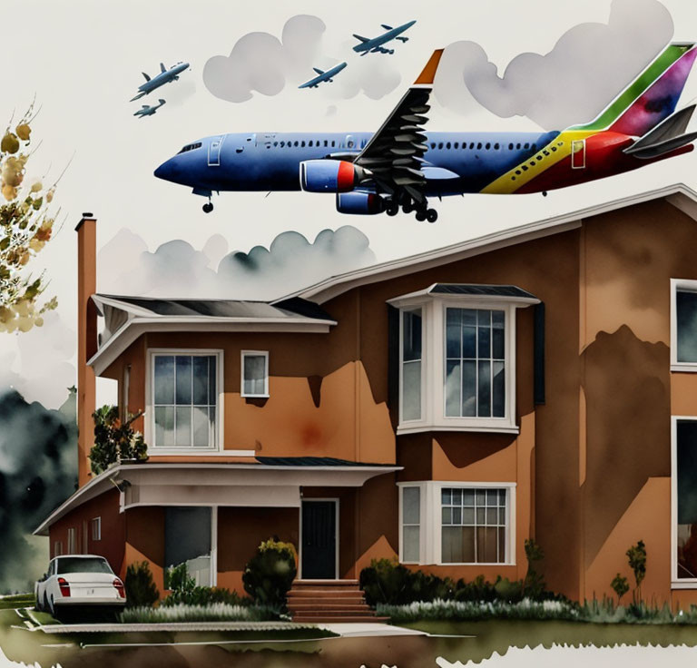 Vibrant airplane flying over suburban house with white car on cloudy day