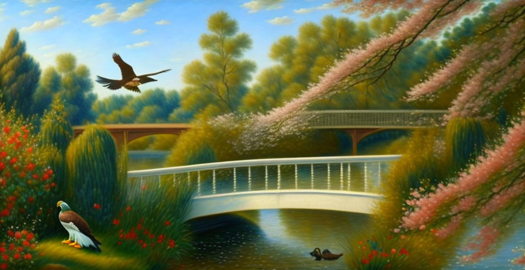 Tranquil landscape with white bridge, river, trees, flowers, eagle, bird, and duck