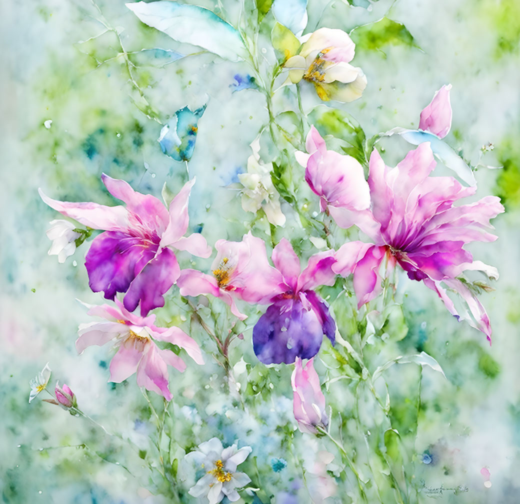 Pink and White Flowers in Soft Watercolor Style