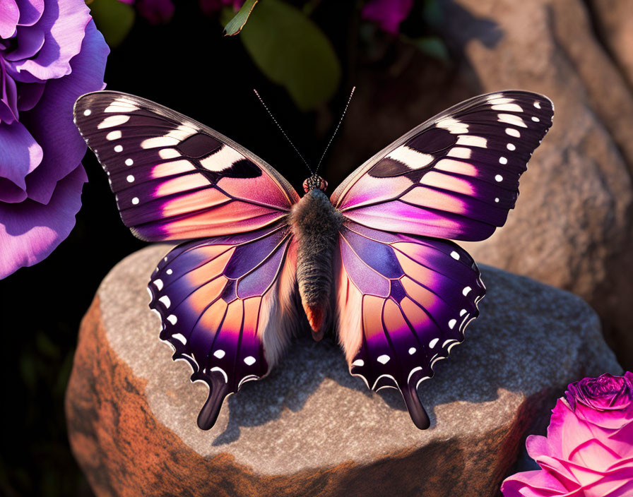 Colorful Butterfly Resting on Stone Among Purple Flowers