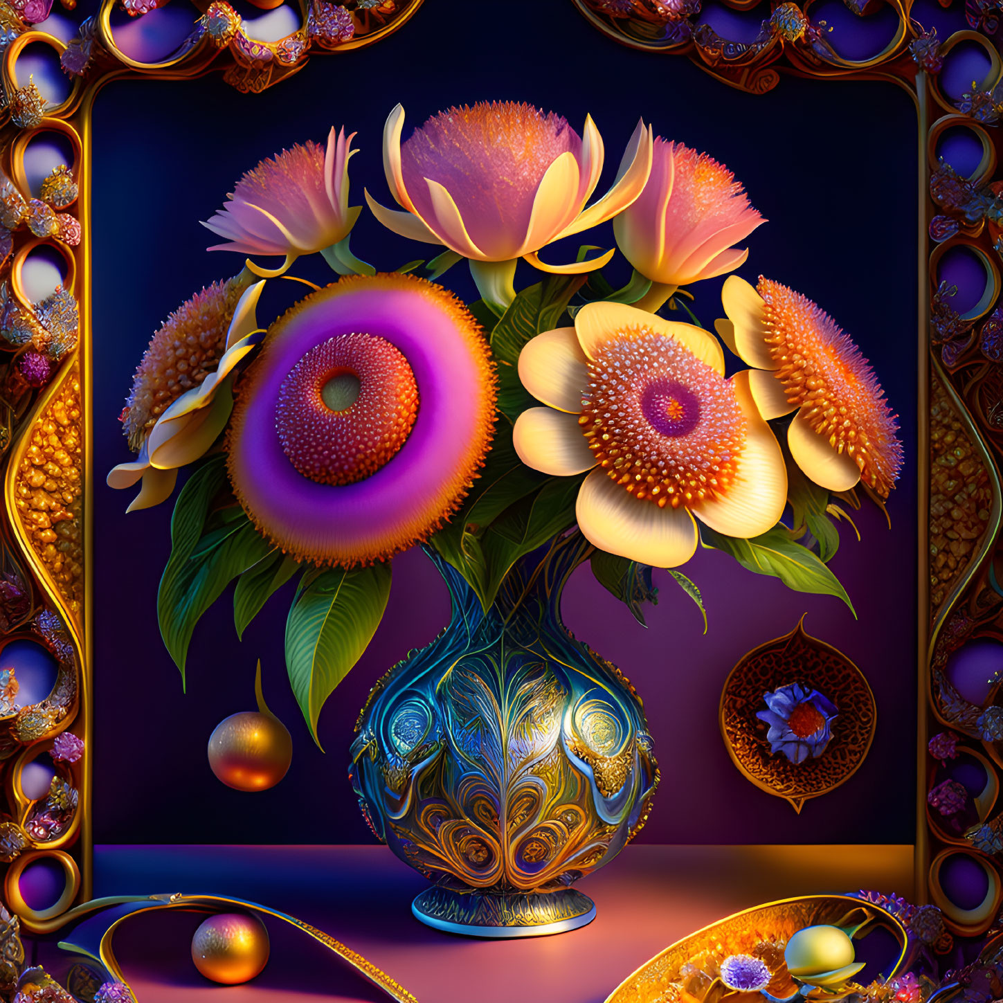 Colorful digital artwork: Stylized flowers in ornate vase