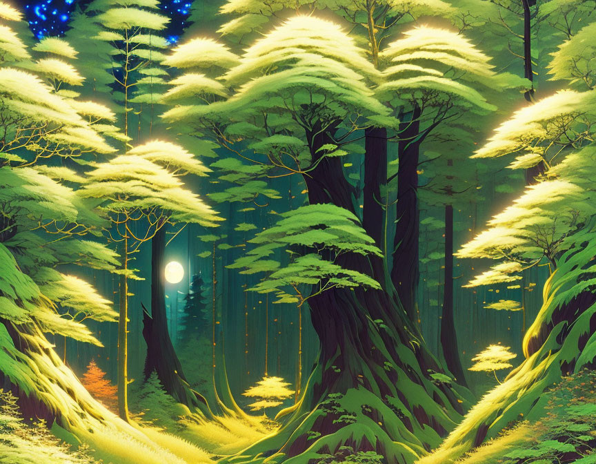 Mystical forest with towering trees and oversized ferns