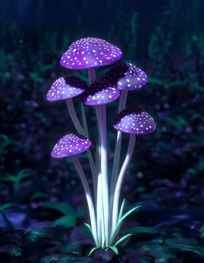 Fantasy glowing purple mushrooms in dark forest landscape