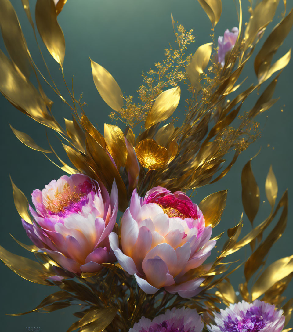 Golden gilded foliage and flowers in pink and purple on teal background