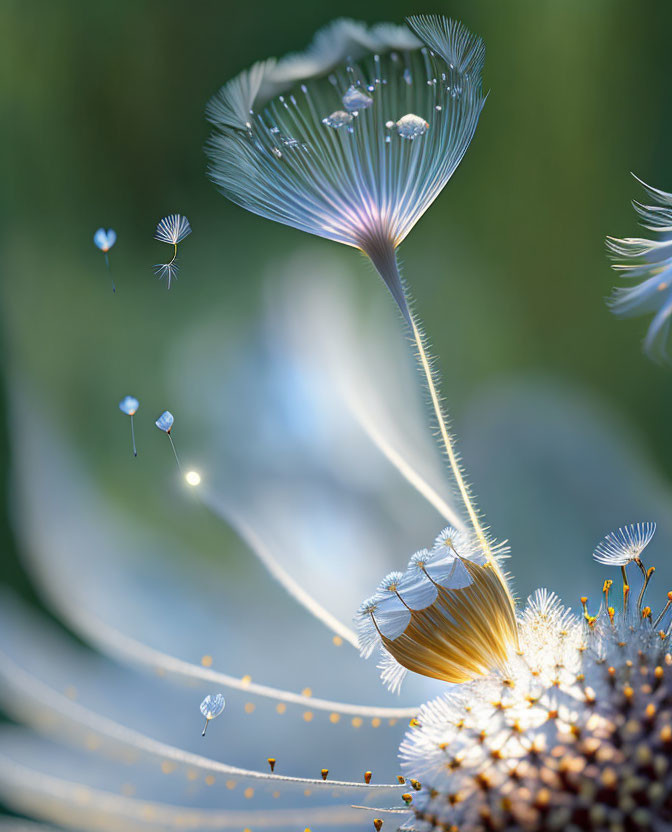 Close-up of dandelion seeds dispersing in sunlight bokeh.