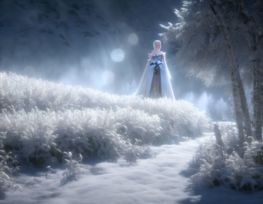 Pale-Haired Figure in Snowy Landscape at Night