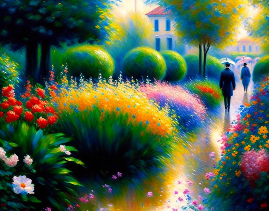 Colorful painting of couple walking in lush garden path.