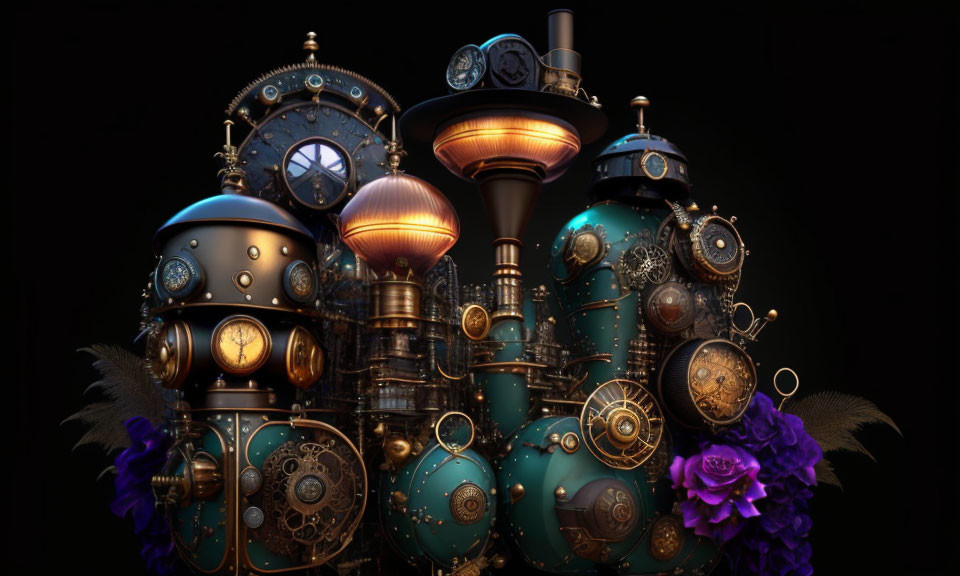 Steampunk-themed artwork with gears, clocks, metallic structures, blues, brass tones, and purple