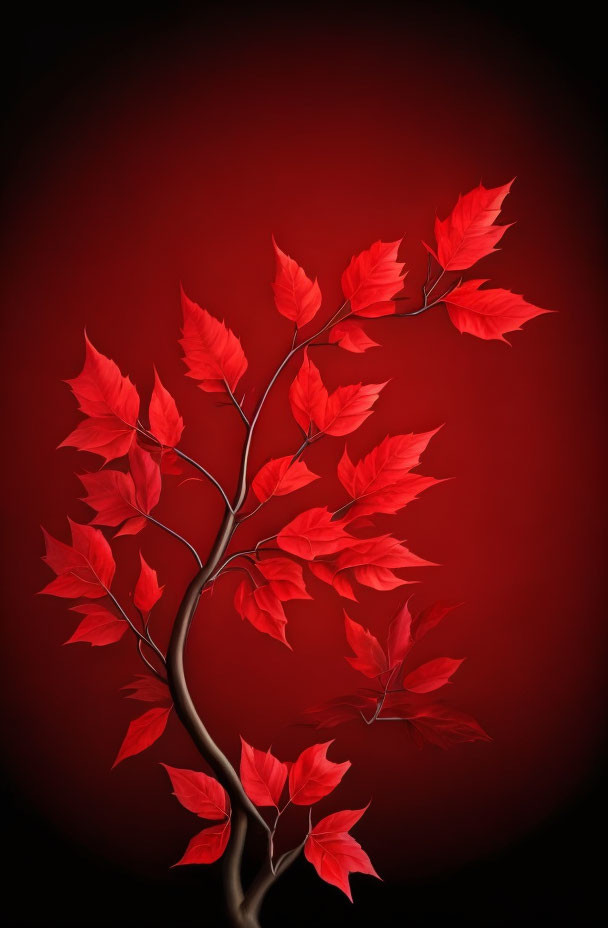 Vibrant red leaf tree artwork on dark red background