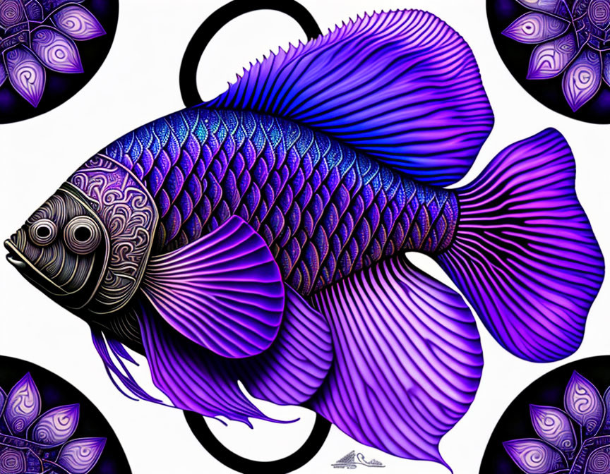 Colorful Fish Artwork with Purple and Blue Palette on Circular Background