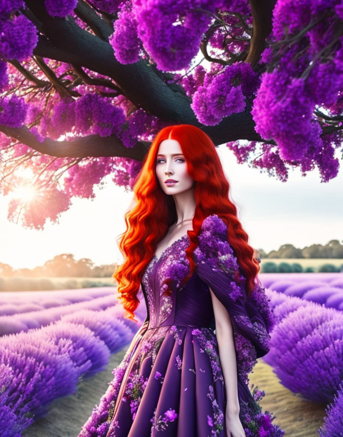 Vibrant red-haired woman in purple dress surrounded by lilac flowers and magenta blossoms at