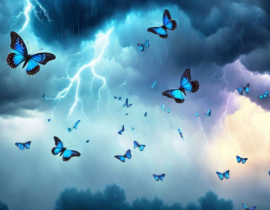 Blue butterflies in stormy sky with lightning bolts