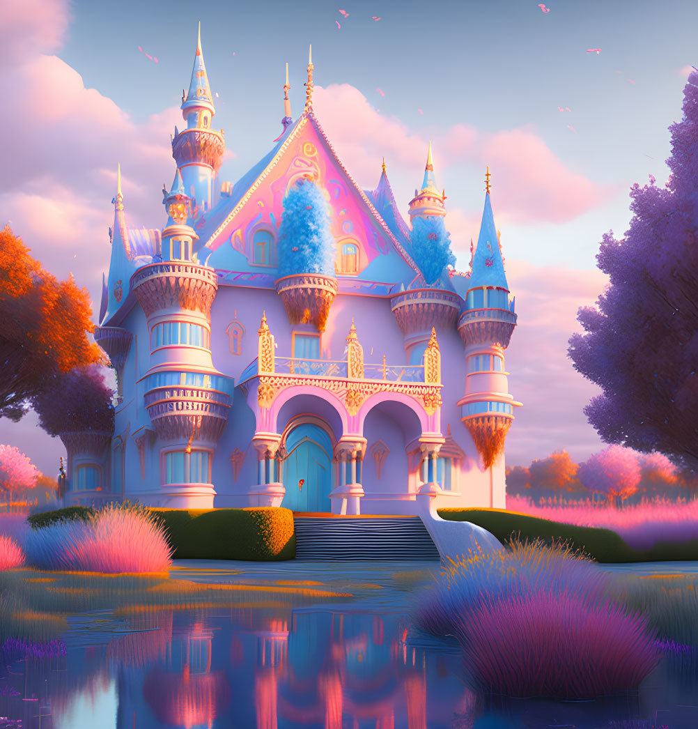 Magical pink castle illustration with lush foliage and sunset sky