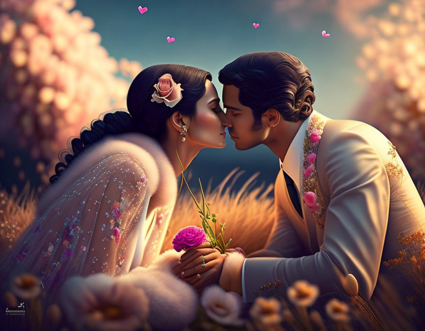 Illustrated romantic couple kissing in golden wheat fields and pink blossoming trees