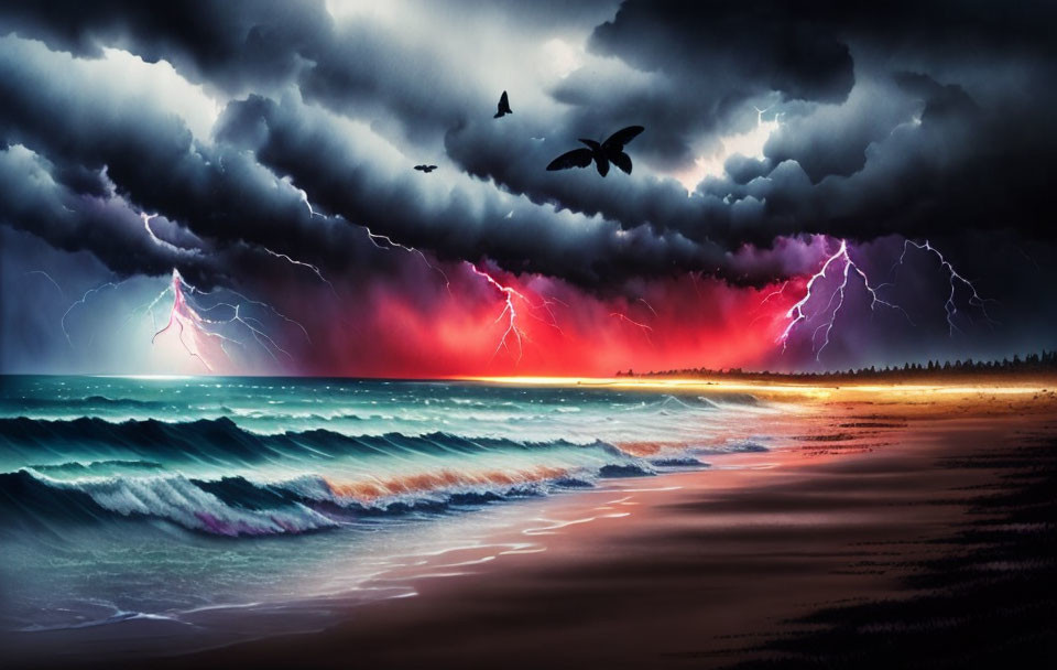 Stormy Beachscape with Dark Clouds, Lightning, Birds, and Red Horizon