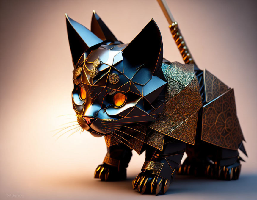 Stylized geometric cat with metallic surfaces and glowing orange eyes holding a sword