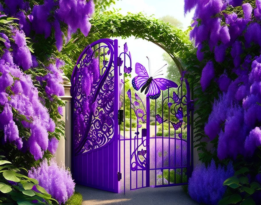 Purple garden gate adorned with butterfly motifs amidst greenery and wisteria.