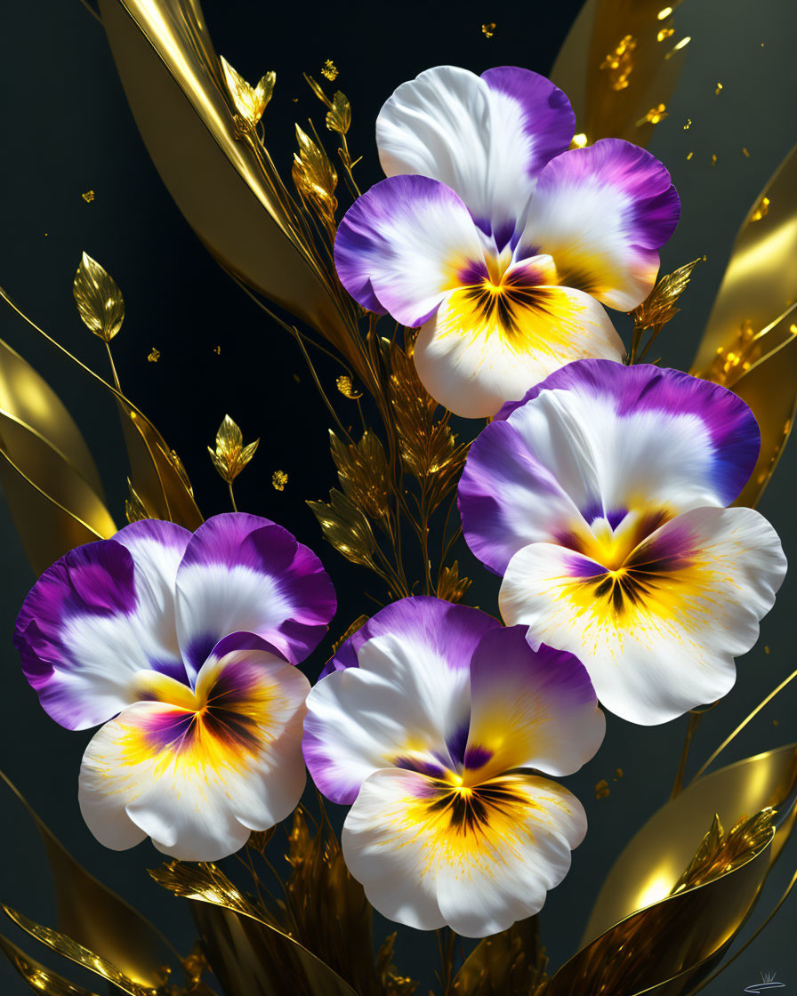 Purple and White Pansies with Golden Embellishments on Dark Background