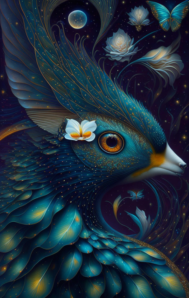 Colorful Peacock Illustration with Cosmic Background