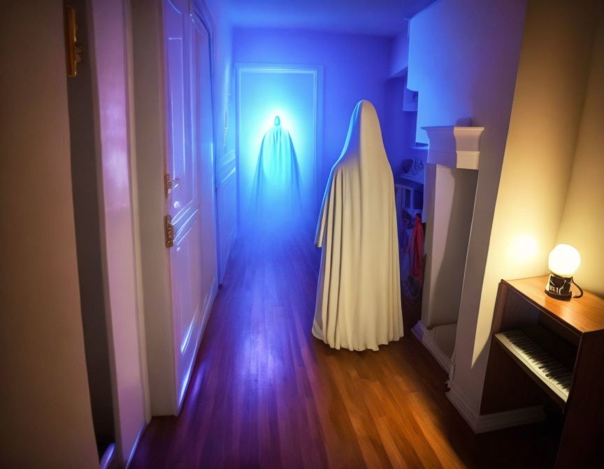 Ghostly figure in white sheet in dimly lit corridor with eerie lighting.