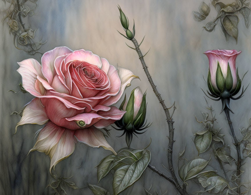 Realistic Painting of Pink Rose with Buds and Leaves on Textured Background