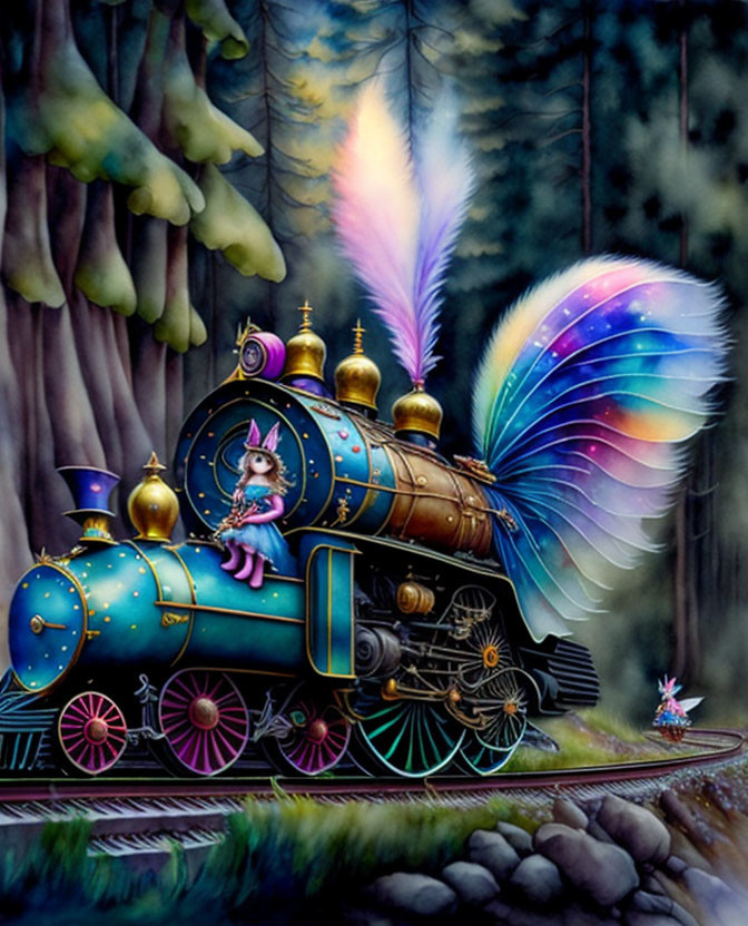 Colorful whimsical train with peacock feathers, cat conductor, and forest scene