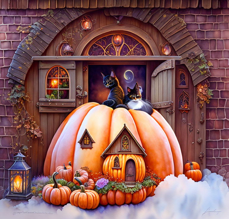 Two Cats on Large Pumpkin by Fairy-Tale Cottage Door