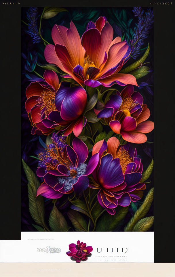 Colorful Blooming Flowers Artwork on Dark Background