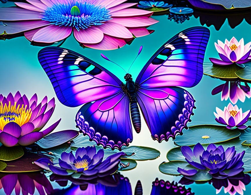 Colorful digital artwork of purple and blue butterfly above pink water lilies