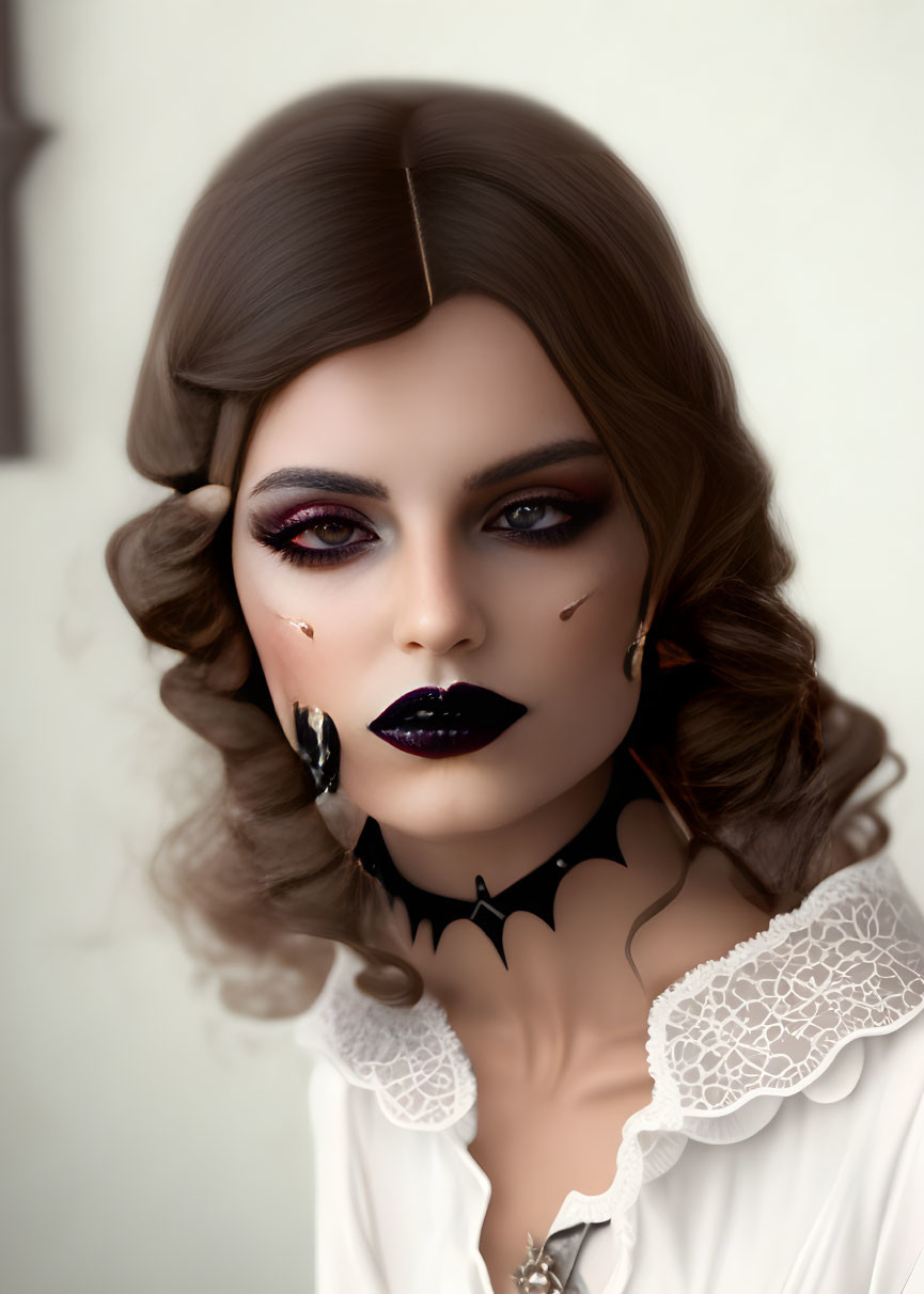 Stylized portrait of a person with dark makeup and gothic attire