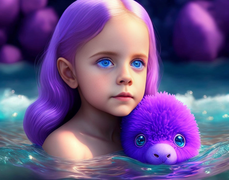 Digital artwork of girl with blue eyes and purple hair next to fluffy creature in water